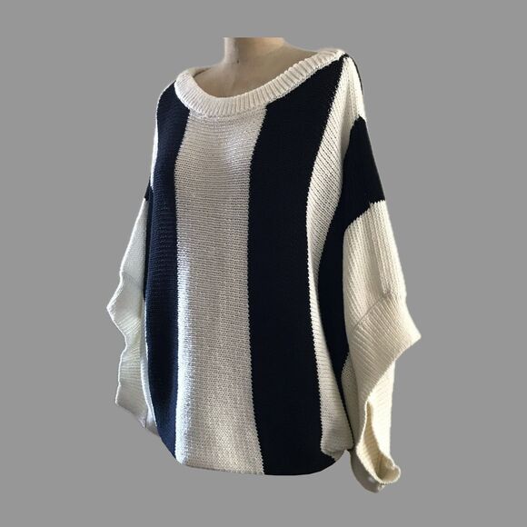 Trina Turk Cream Black Striped Cotton Oversized Knit Dolman Sweater NWOT - M - Picture 1 of 8